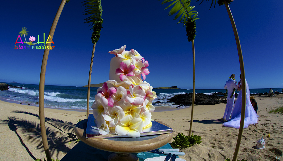 variety of color plumeria cacading down the two tier cake 